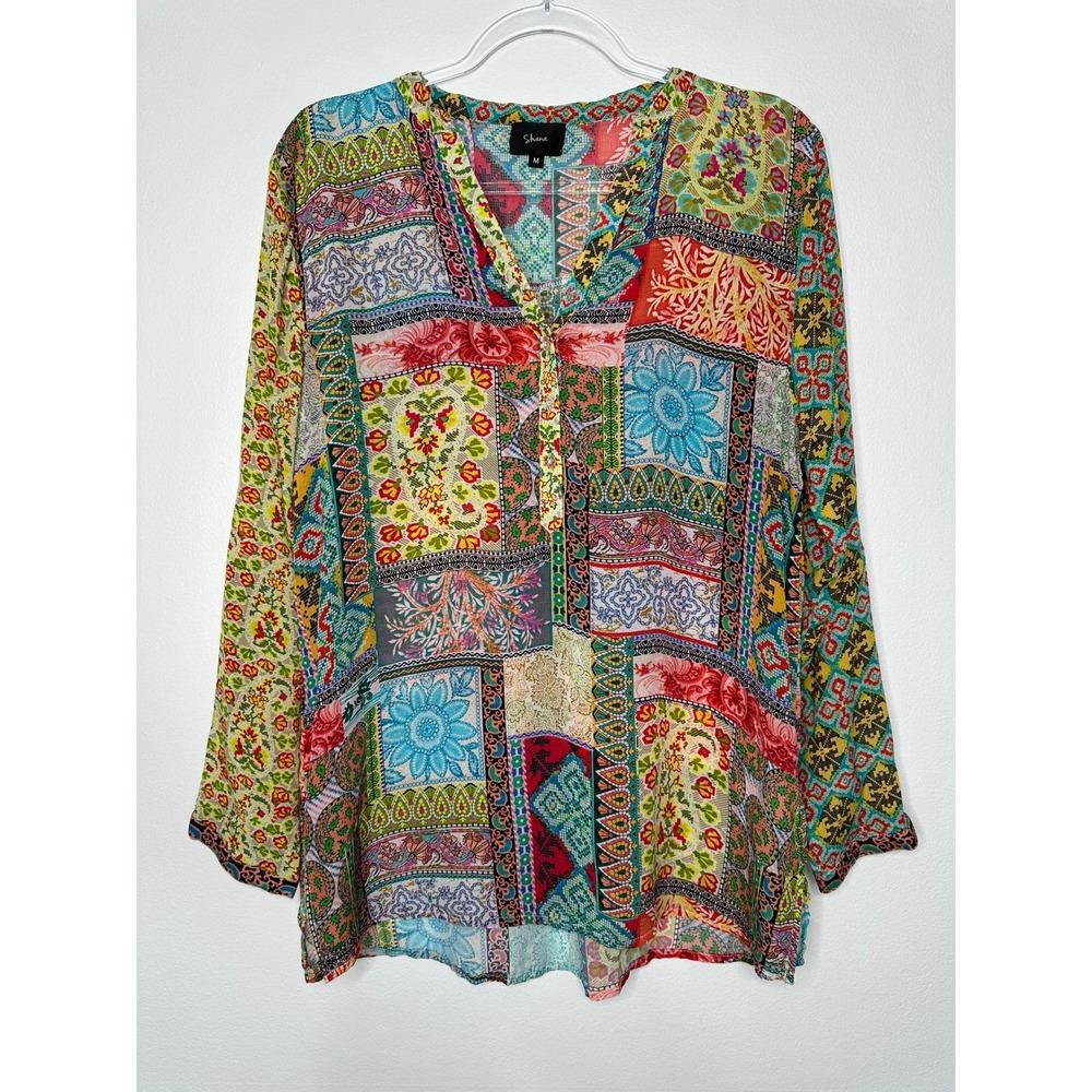 Shana Silk Viscose Tunic Top Size M Floral Patchwork Print